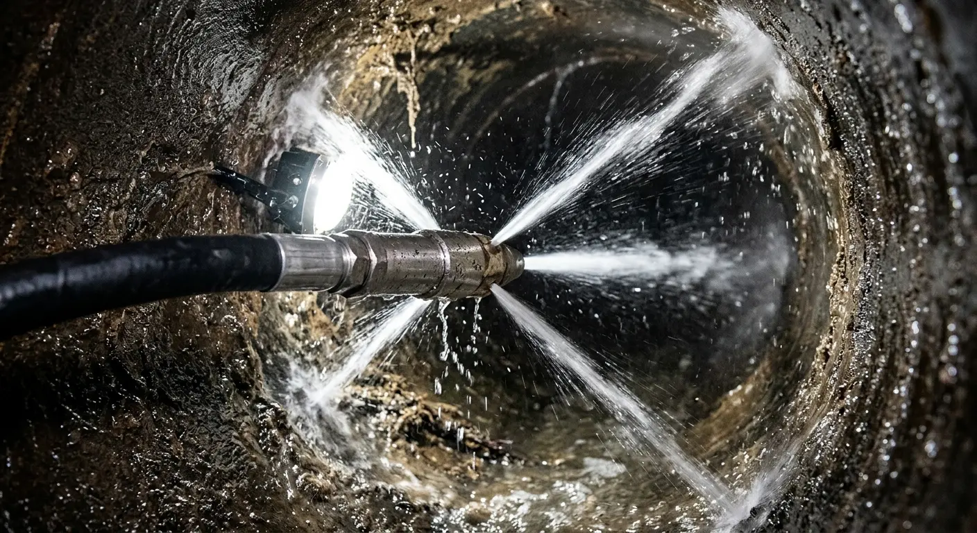 High-pressure hydro jetting nozzle cleaning sewer pipe for Trenchless Sewer Repair in Wells Branch