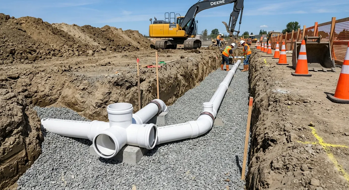 New PVC sewer pipe installation in open trench for Grease Trap Cleaning in Wells Branch