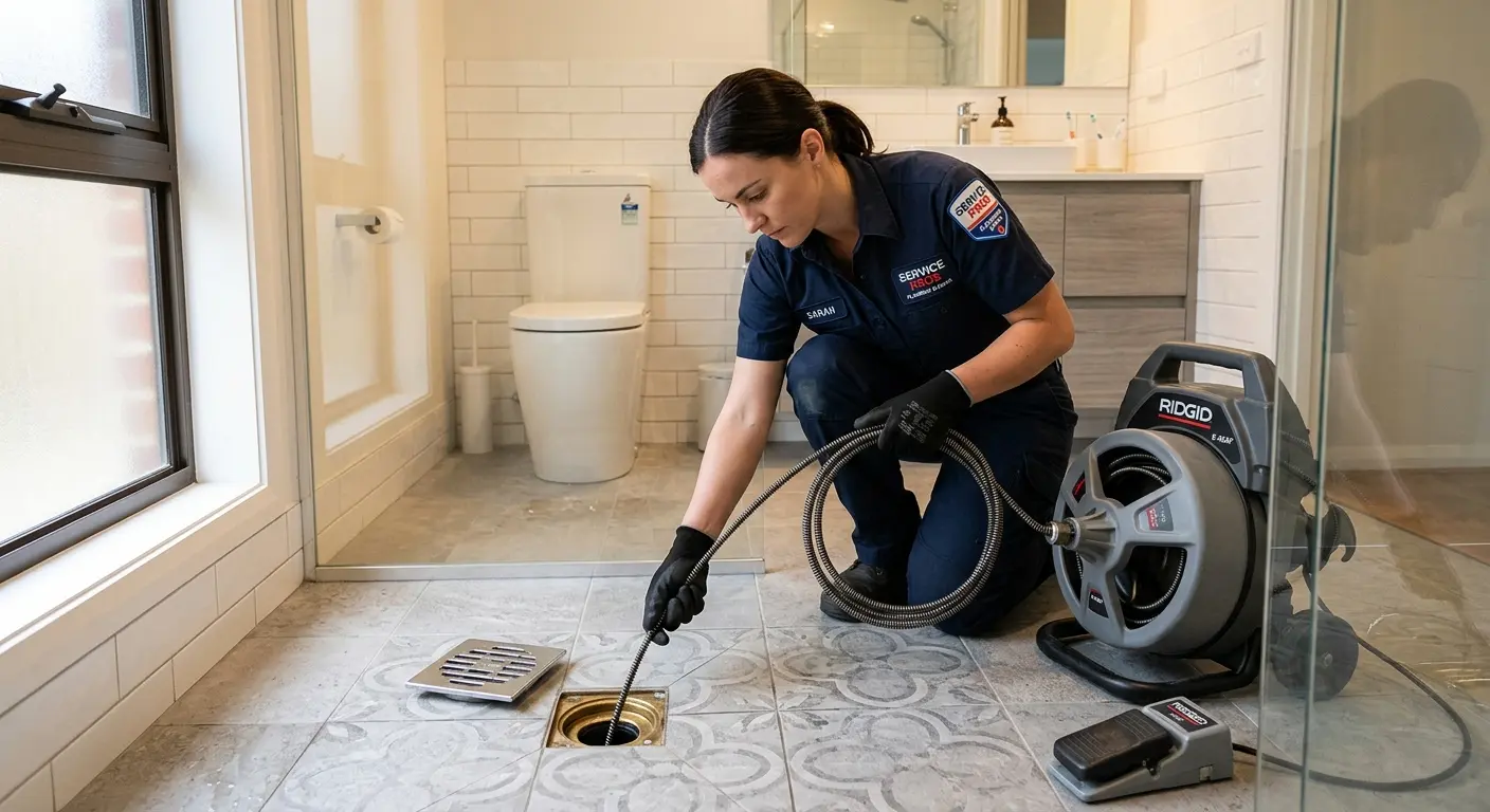 Technician clearing a bathroom floor drain for Sewer Line Installation in Wells Branch